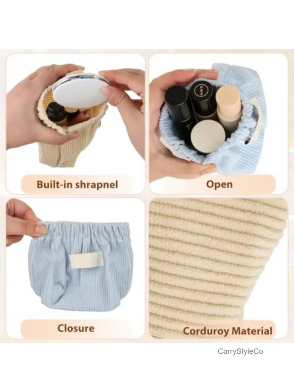 7-Piece Corduroy Makeup Bag Set No-Zipper Squeeze Pouch Organizer with Mirror